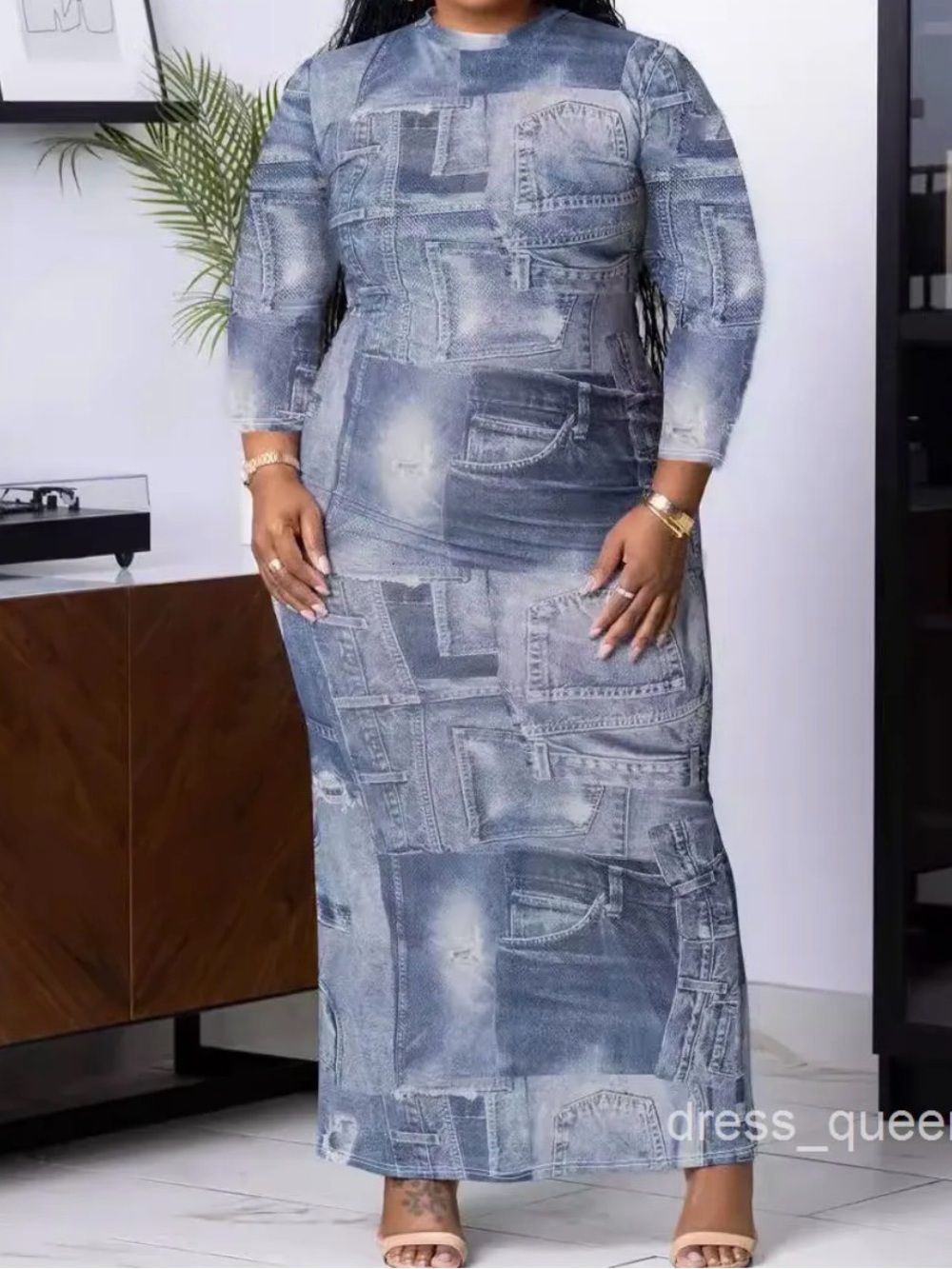 Stylewe long-sleeve patchwork denim print dress